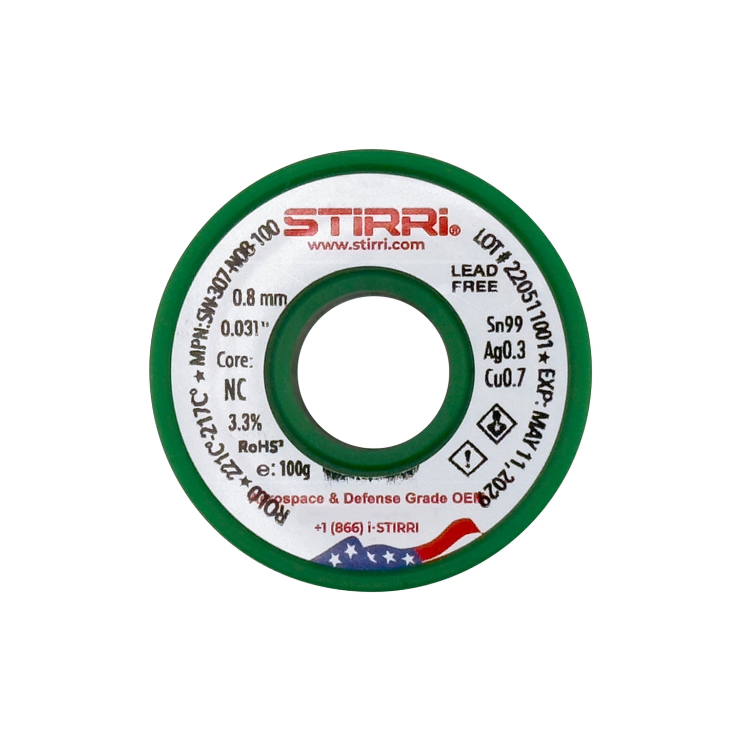 LF-307 - Sn99Ag0.3Cu0.7 lead-free solder wire NC-core ROL0 - 100g spool